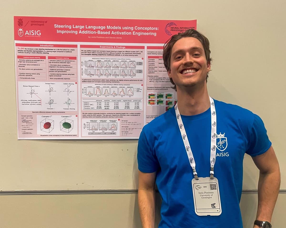 Joris Postmus presenting his poster on conceptor steering for LLMs at the NeurIPS 2024 conference in Vancouver