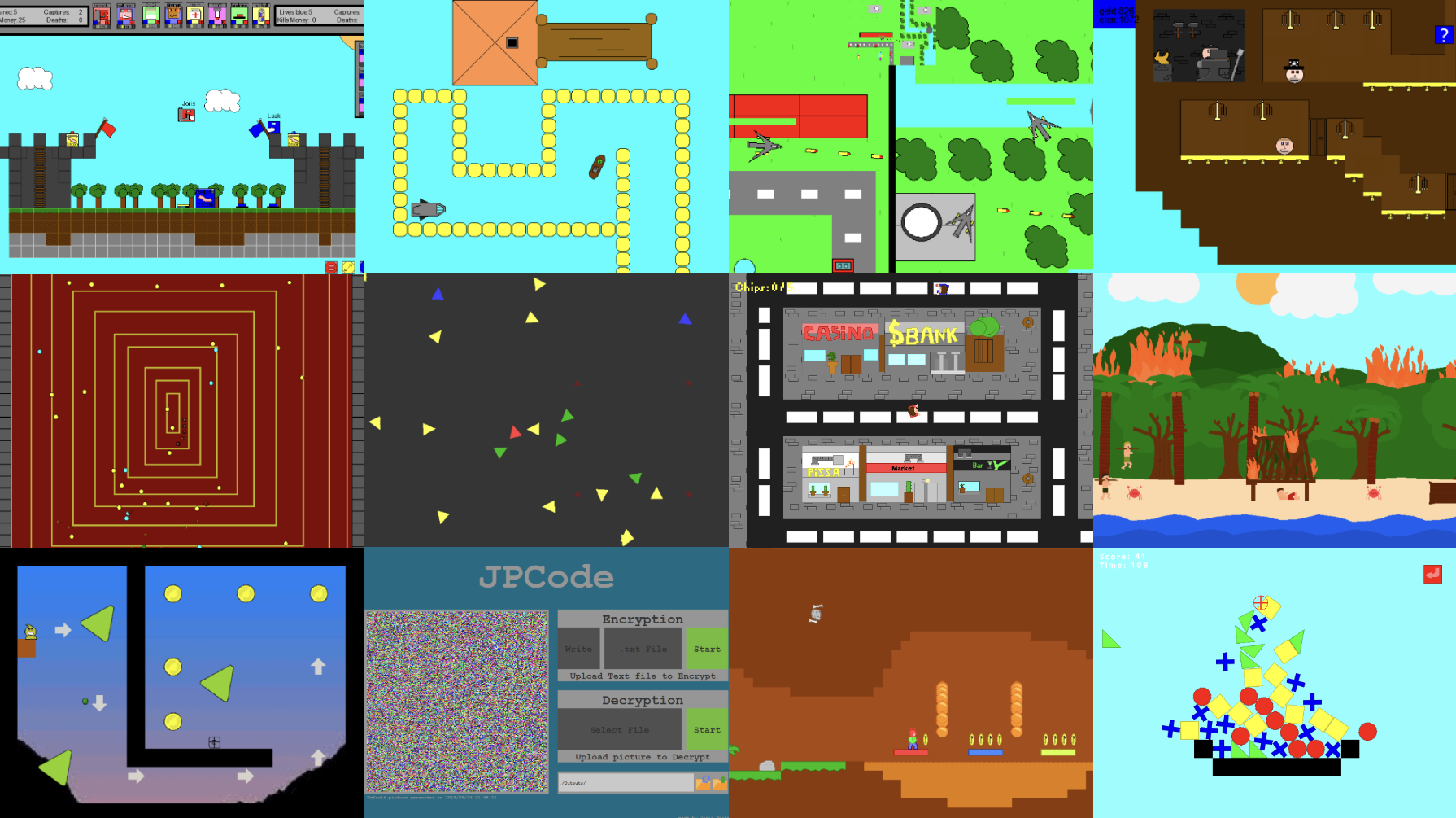 Screenshots of video games and software projects built by Joris Postmus since age 10, including platformers, top-down adventures, maze games, and an encryption tool